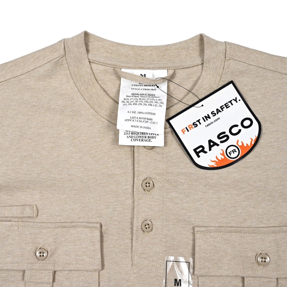 Rasco Shirt Mens Medium Tan Flame Resistant L/S Utility Henley FR Pocket Work